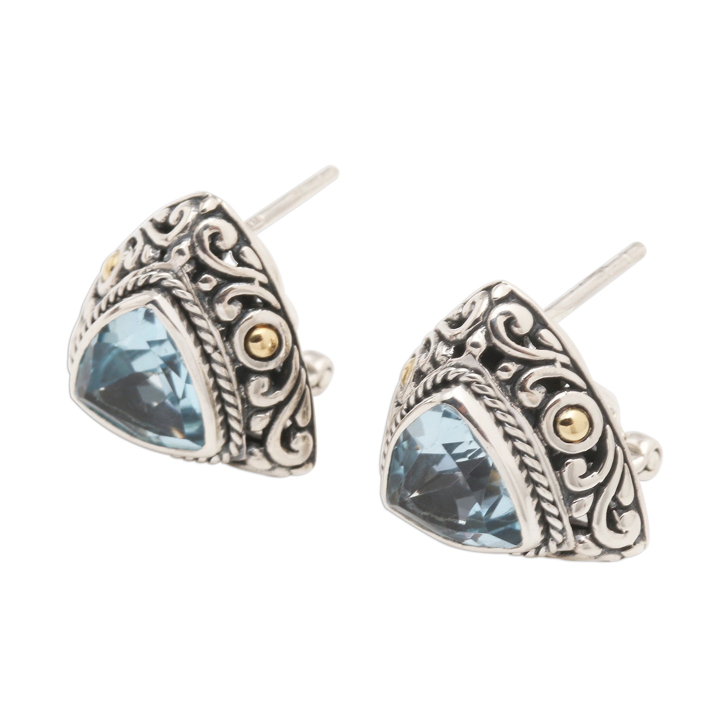 Pyramid Power in Blue Triangular Bezel Set Blue Topaz Button Earrings