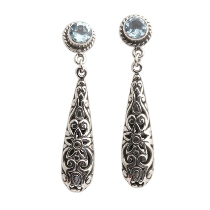 Flower Pendulum Balinese Blue Topaz and Sterling Silver Earrings