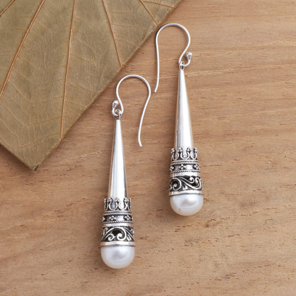 Bali Cornet Sterling Silver Cone Dangle Earrings with Cultured Pearl