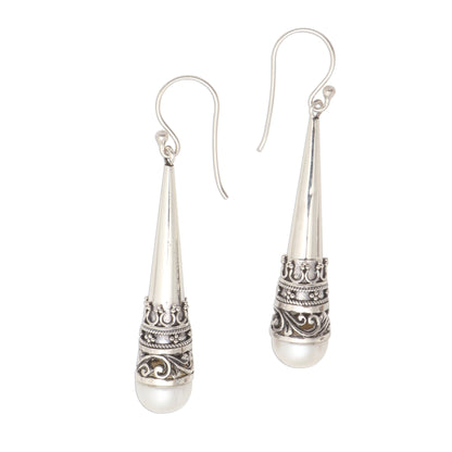 Bali Cornet Sterling Silver Cone Dangle Earrings with Cultured Pearl