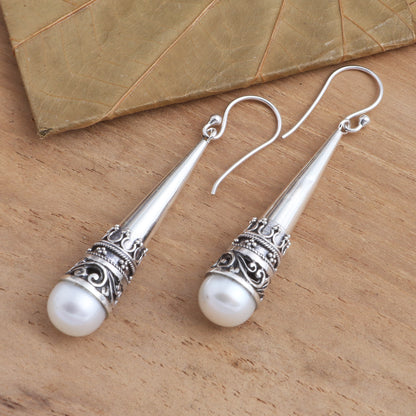 Bali Cornet Sterling Silver Cone Dangle Earrings with Cultured Pearl