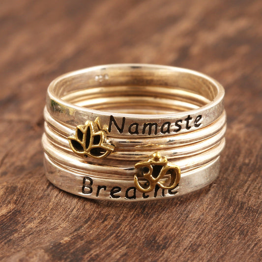 Peaceful Greetings 5 Stackable Sterling Silver Rings Namaste and Breathe