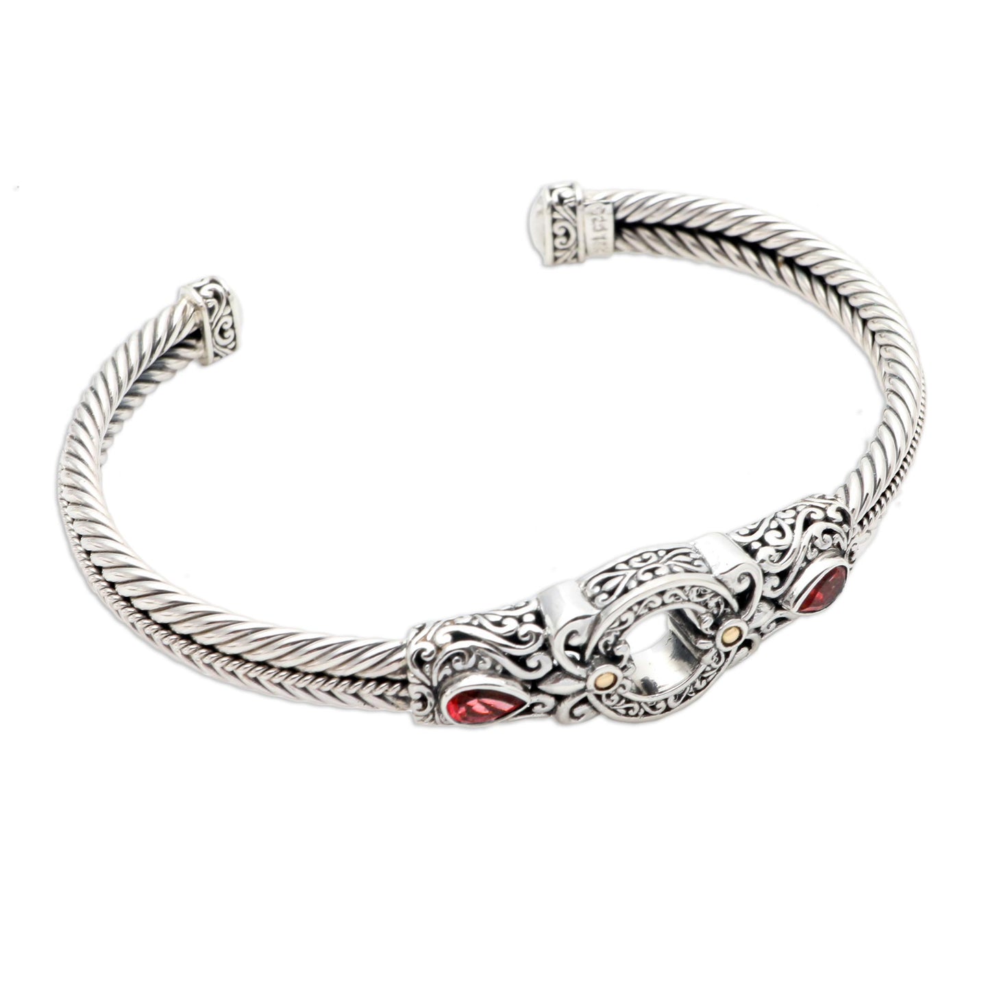 Hidden Gate in Red Sterling Silver and Garnet Cuff Bracelet from Bali