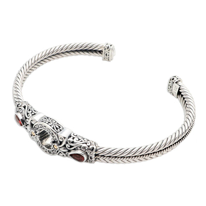 Hidden Gate in Red Sterling Silver and Garnet Cuff Bracelet from Bali