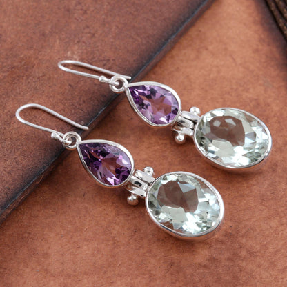 Fashion Fusion Purple Amethyst and Green Prasiolite Dangle Earrings