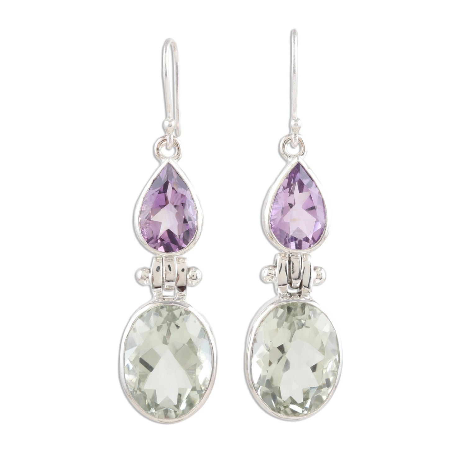 Fashion Fusion Purple Amethyst and Green Prasiolite Dangle Earrings