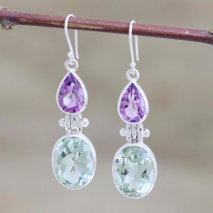 Fashion Fusion Purple Amethyst and Green Prasiolite Dangle Earrings