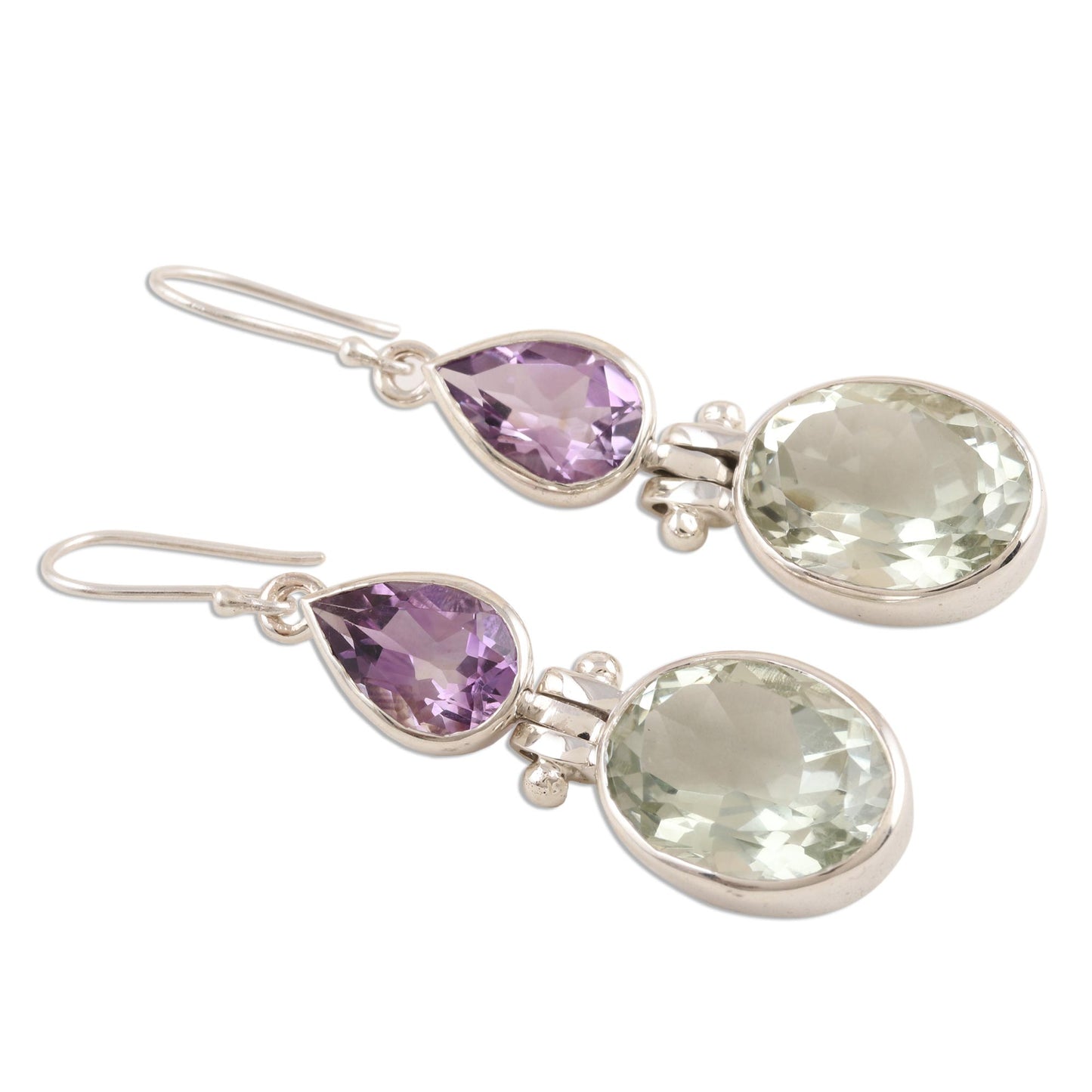 Fashion Fusion Purple Amethyst and Green Prasiolite Dangle Earrings