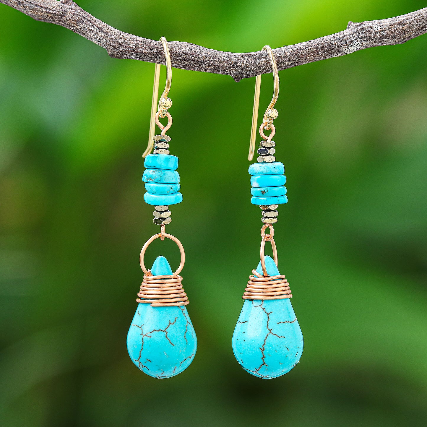 Rainshower Howlite Pyrite Reconstituted Turquoise Dangle Earrings