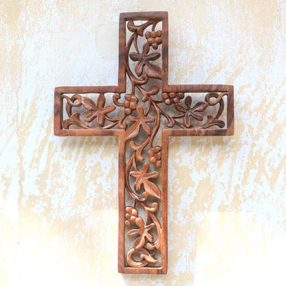 Natural Inspiration Hand Carved Wood Cross with Leaf and Vine Motif