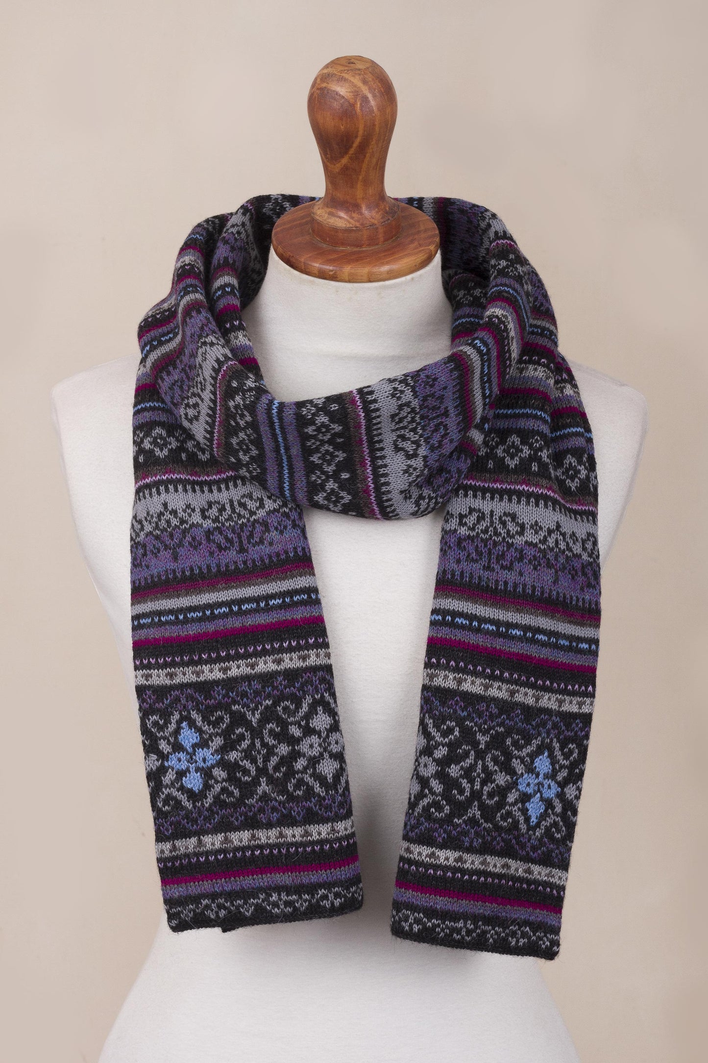 Sierra Charcoal Alpaca Wool Striped Knit Scarf from Peru