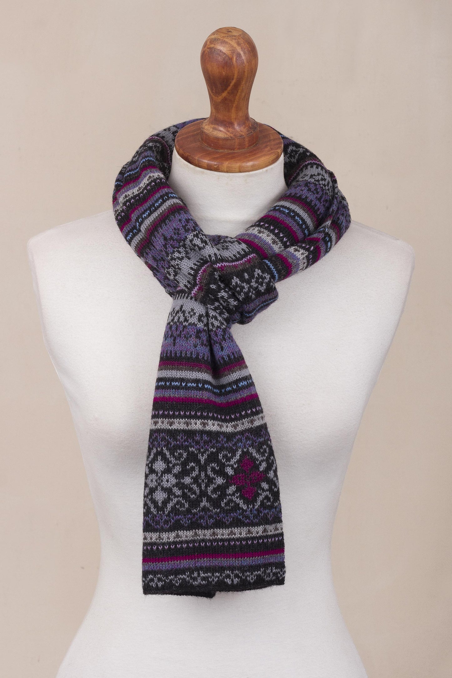 Sierra Charcoal Alpaca Wool Striped Knit Scarf from Peru