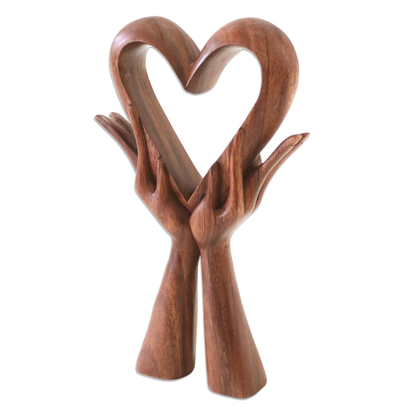 Giving Love Signed Wood Sculpture of Heart in Hands