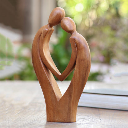 Commitment Hand Carved Suar Wood Couple Sculpture