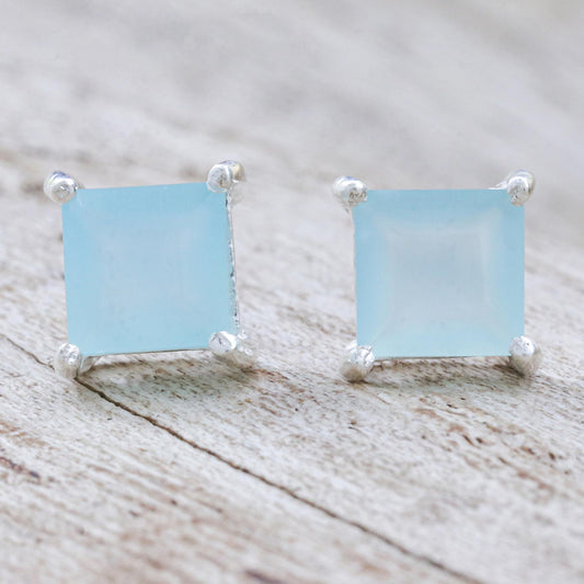 Good Luck Charm in Blue Thai Hand Made Sterling Silver Chalcedony Stud Earrings
