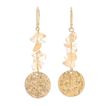 Golden Coin in Yellow Citrine and Brass Coin Dangle Earrings