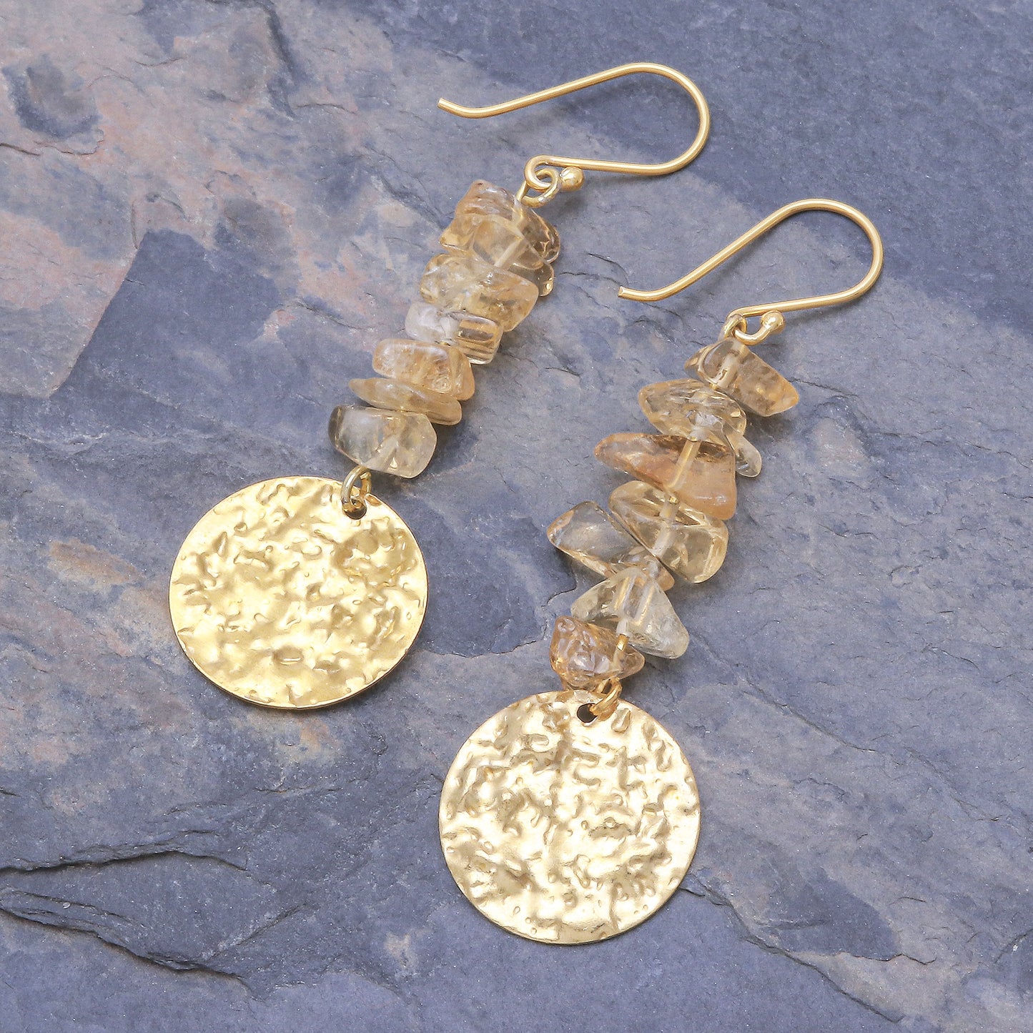 Golden Coin in Yellow Citrine and Brass Coin Dangle Earrings