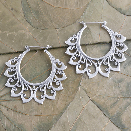 Polished Flower Hand Made Sterling Silver Hoop Earrings