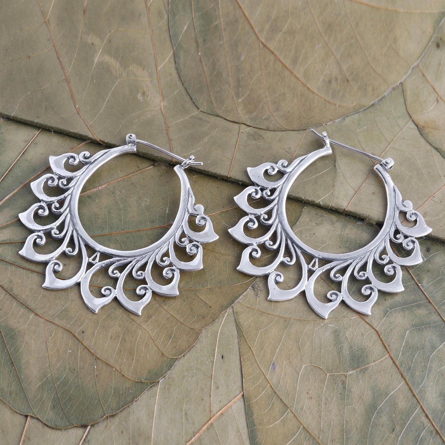 Polished Flower Hand Made Sterling Silver Hoop Earrings