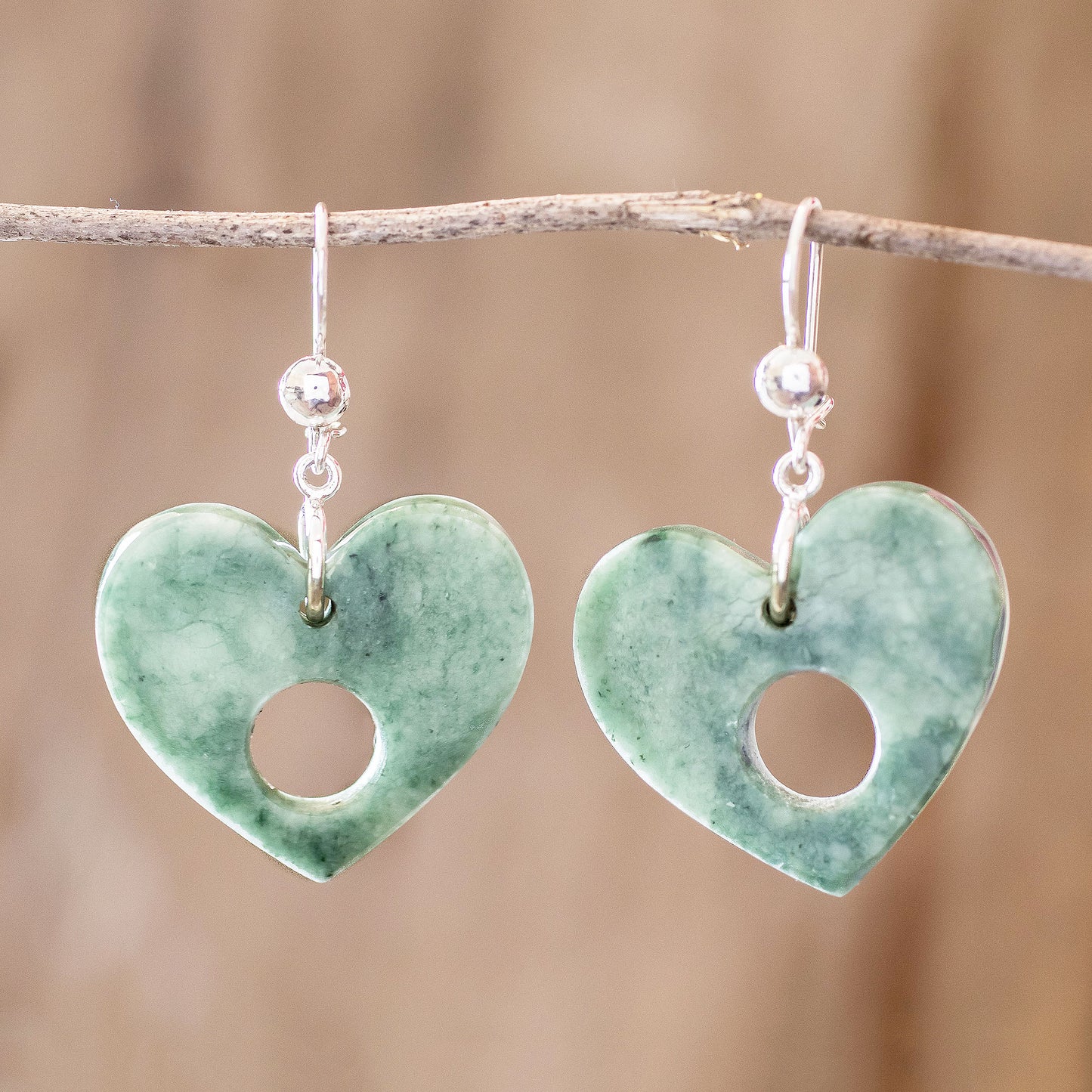 Heart Passage Heart-Shaped Green Jade Dangle Earrings