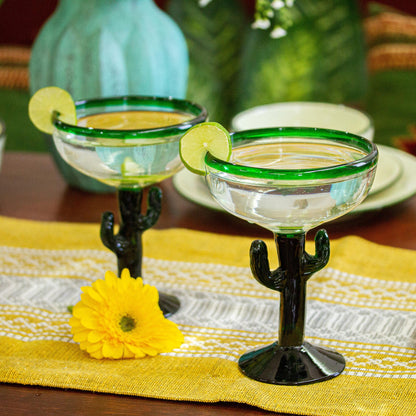 Sweet Saguaro Hand Blown Cactus Motif Margarita Glasses (Set of 4)