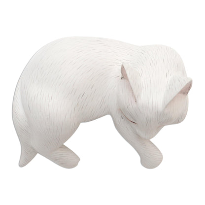 Lounging Cat in White Hand Carved Suar Wood Cat Statuette