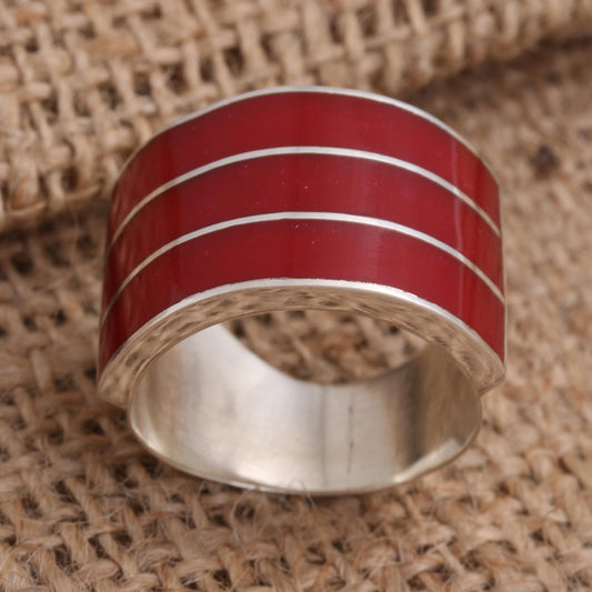 Band of Three - Red Triple Band Ring Red Resin Sterling Silver