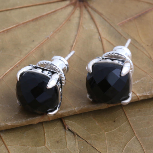 Dressed for Dinner in Black Checkerboard Faceted Black Onyx Stud Earrings