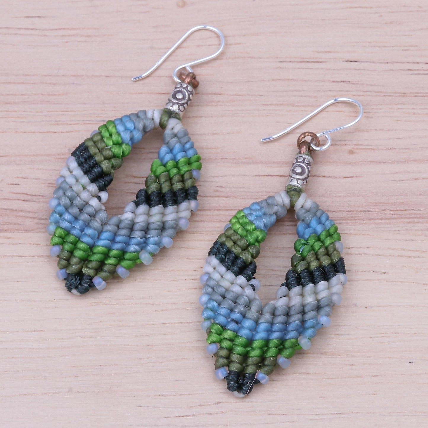 Mini Boho in Blue-Green Macrame and Bead Dangle Earrings