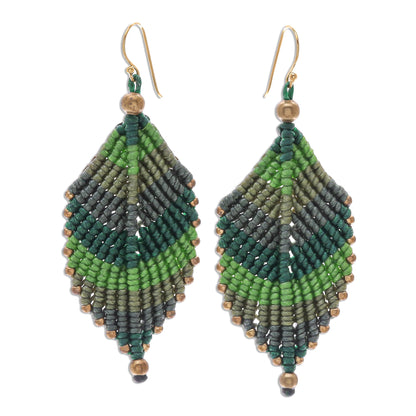 Boho Leaves in Green Green Leaf Waxed Cord Macrame Dangle Earrings