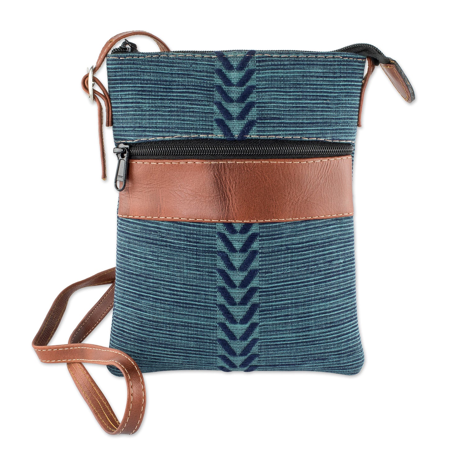 Comalapa Connection Blue and Teal Cotton and Leather Shoulder Bag