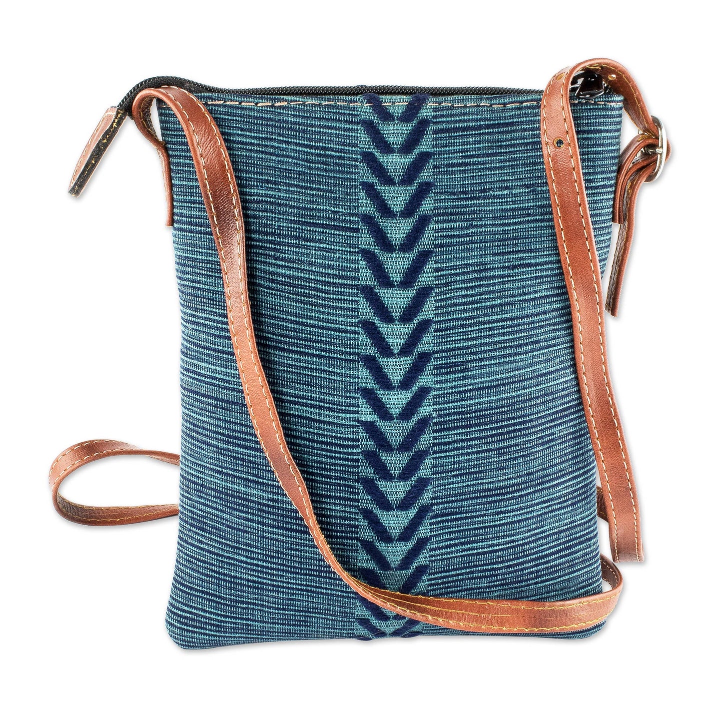 Comalapa Connection Blue and Teal Cotton and Leather Shoulder Bag