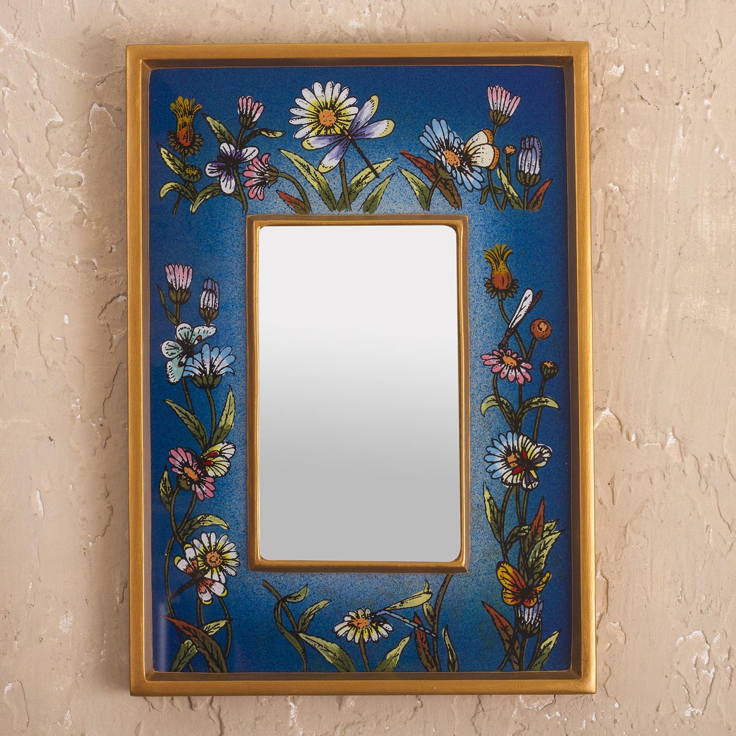 Blue Fields Hand Painted Small Glass and Wood Floral Mirror