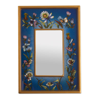 Blue Fields Hand Painted Small Glass and Wood Floral Mirror