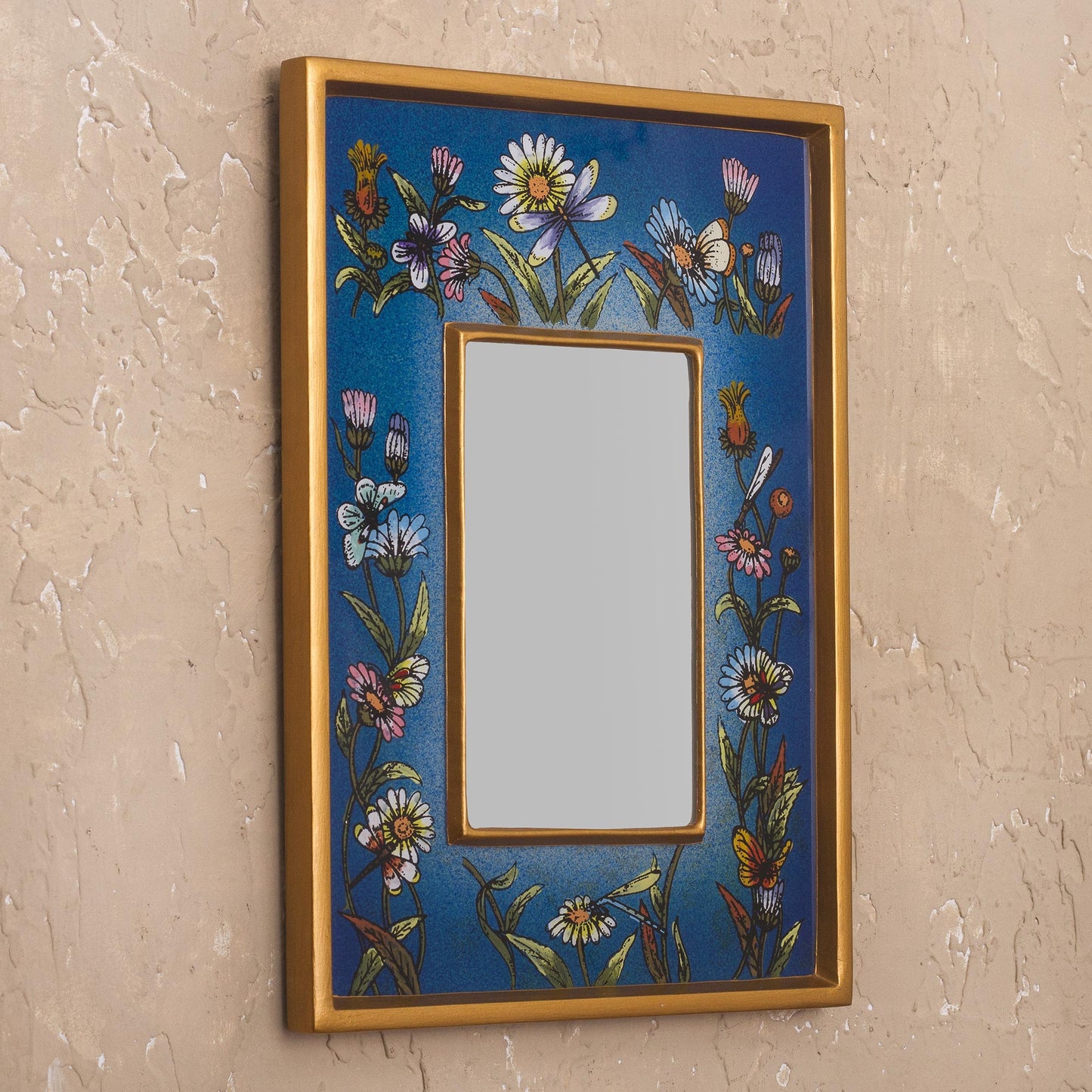 Blue Fields Hand Painted Small Glass and Wood Floral Mirror