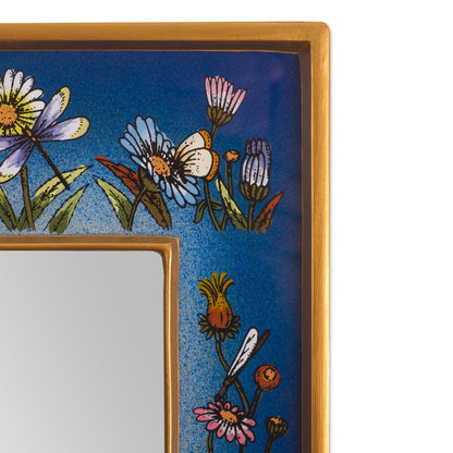 Blue Fields Hand Painted Small Glass and Wood Floral Mirror