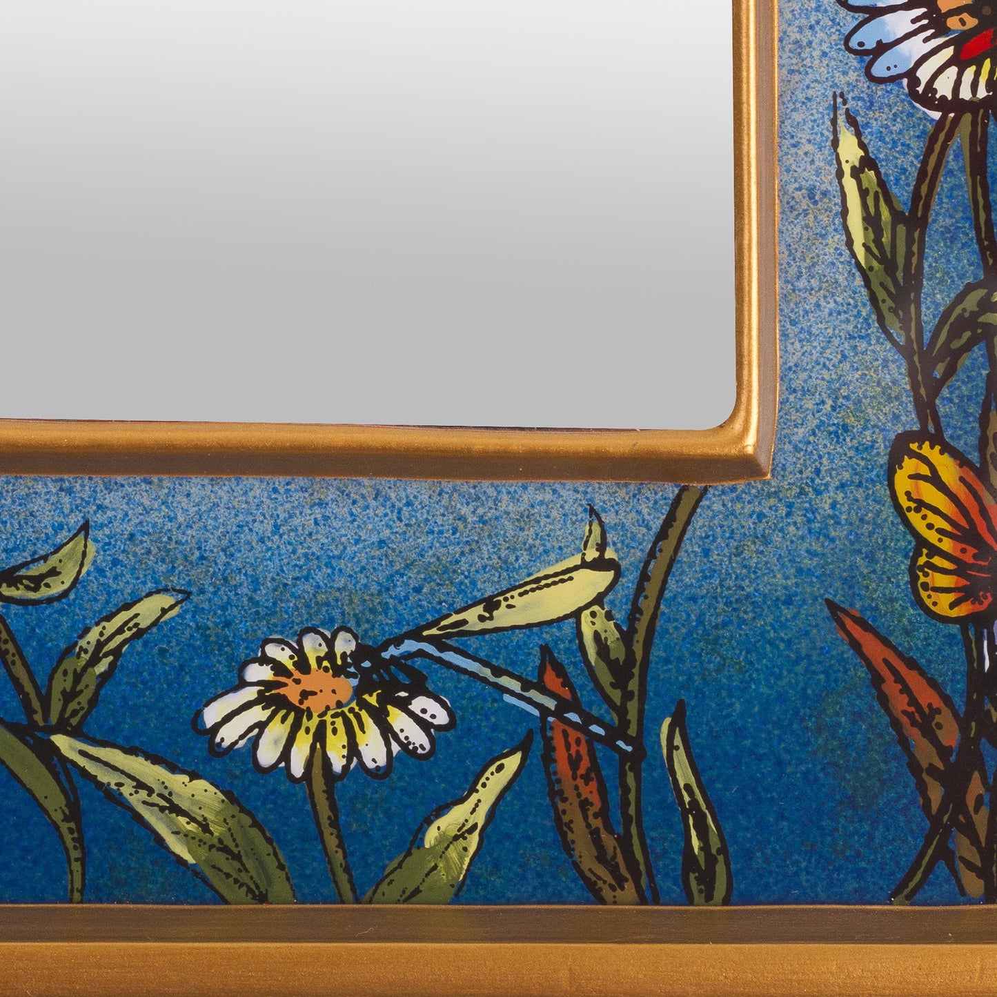 Blue Fields Hand Painted Small Glass and Wood Floral Mirror