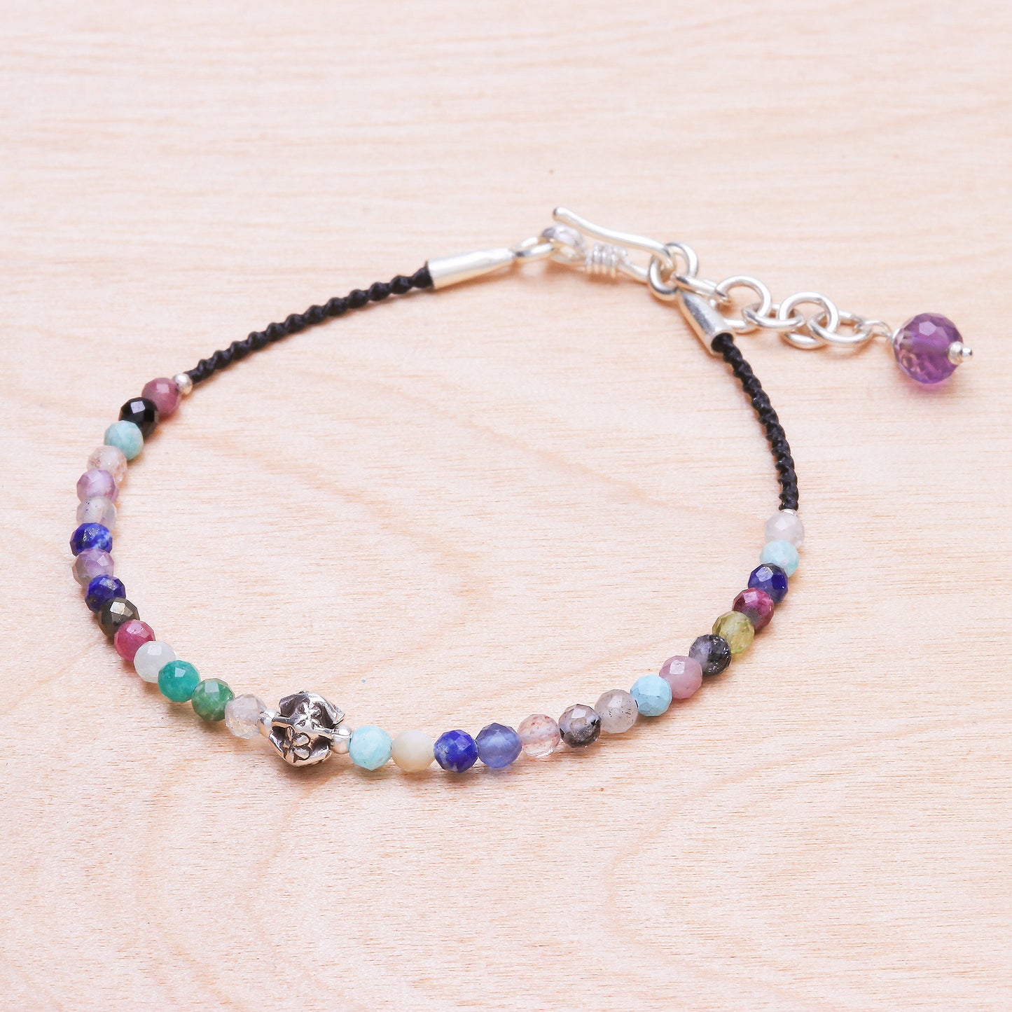 Rainbow Sunset Multi-Gemstone Beaded Cord Bracelet with Karen Silver