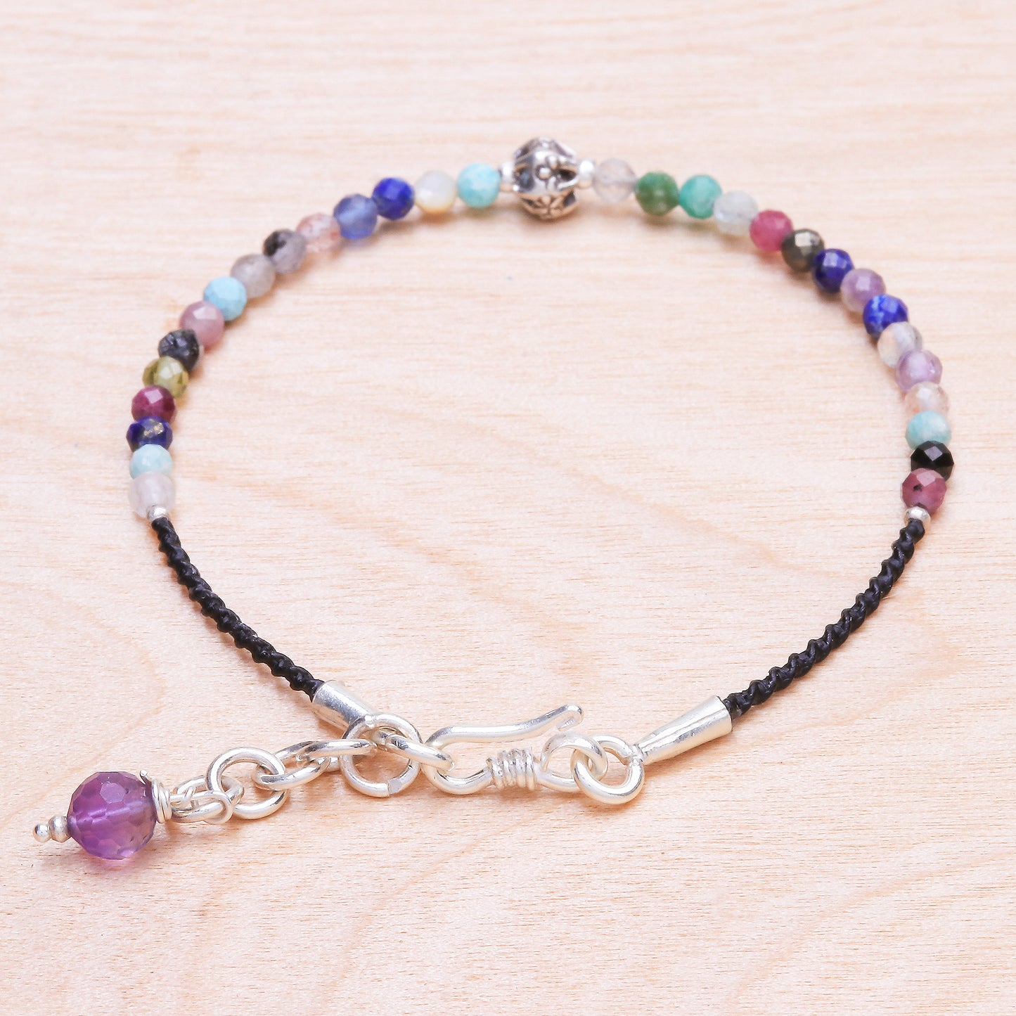 Rainbow Sunset Multi-Gemstone Beaded Cord Bracelet with Karen Silver