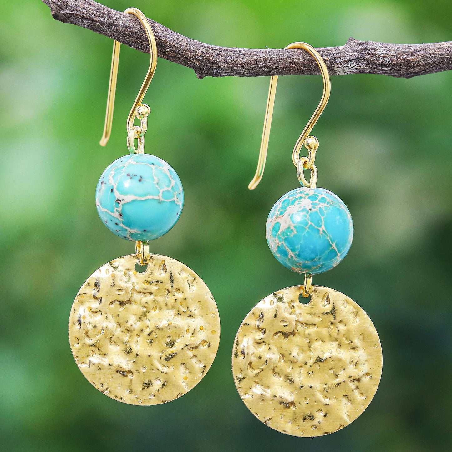 Golden Coin in Turquoise Reconstituted Turquoise Bead and Brass Coin Dangle Earrings