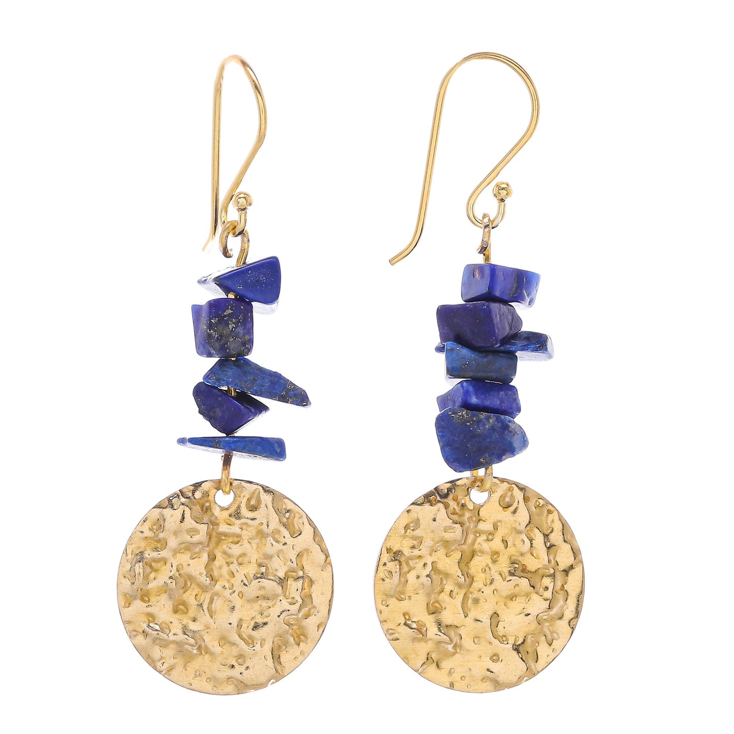 Golden Coin in Blue Handmade Lapis Lazuli Chip and Brass Coin Dangle Earrings