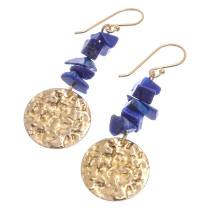 Golden Coin in Blue Handmade Lapis Lazuli Chip and Brass Coin Dangle Earrings