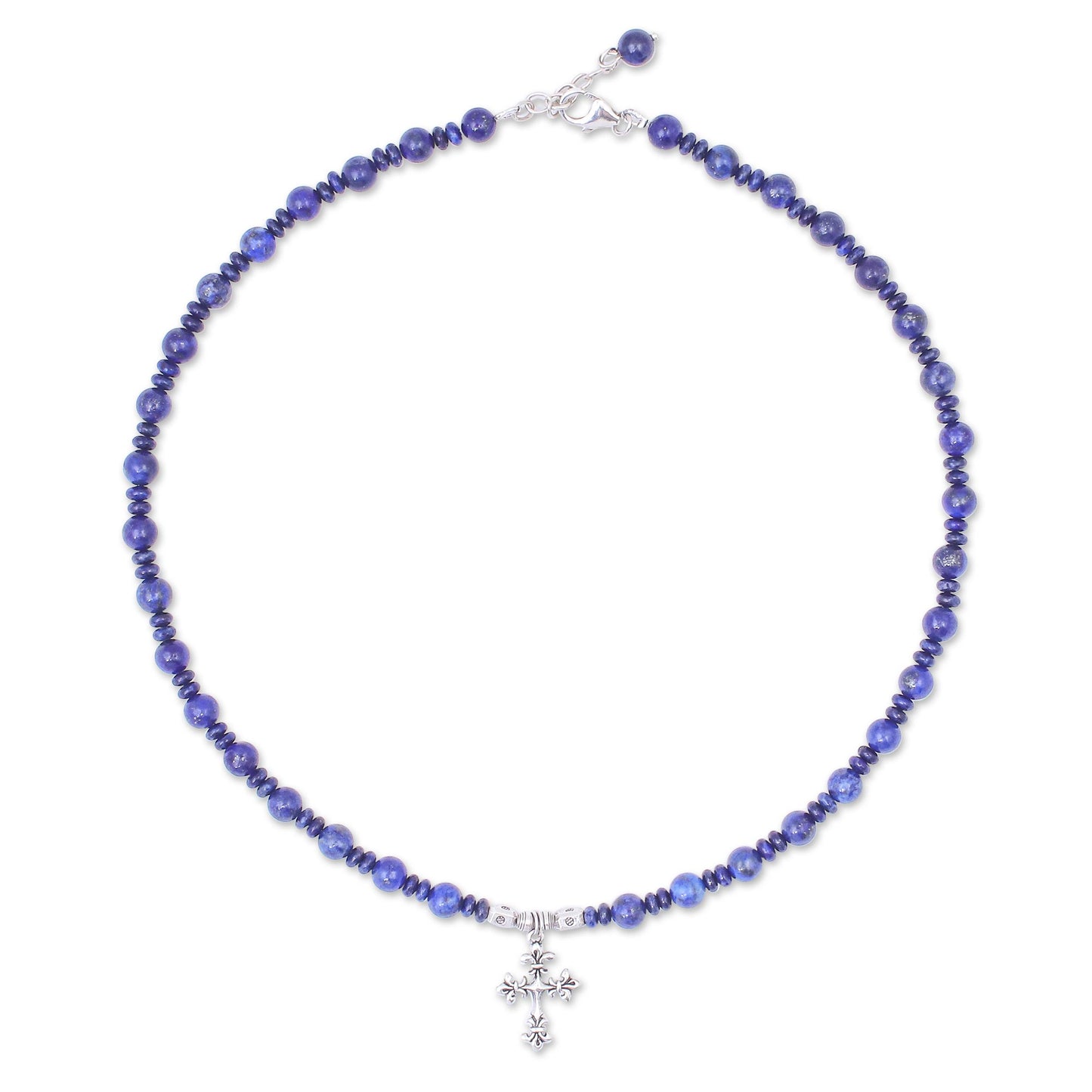 Sky and Sea Cross Handmade Lapis Lazuli Beaded Pendant Necklace