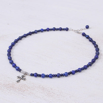 Sky and Sea Cross Handmade Lapis Lazuli Beaded Pendant Necklace