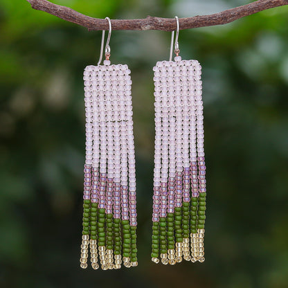 Modern Waterfall in Green Hand Beaded Waterfall Dangle Earrings Pink Green