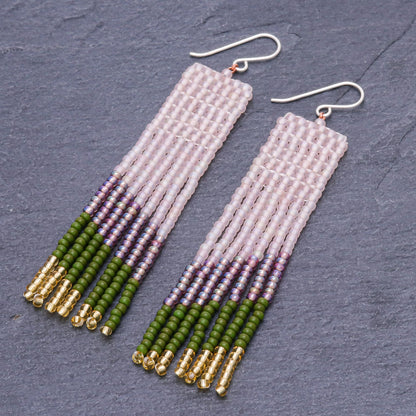 Modern Waterfall in Green Hand Beaded Waterfall Dangle Earrings Pink Green