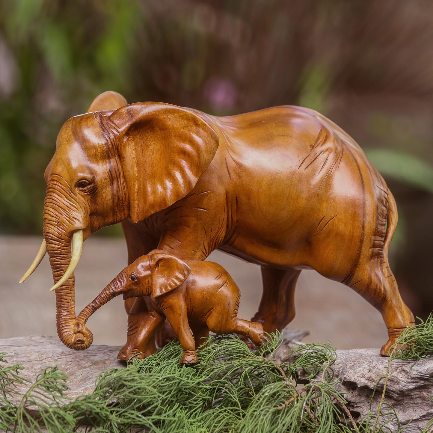 Elephant and Calf Suar Wood Elephant Mother and Baby Sculpture