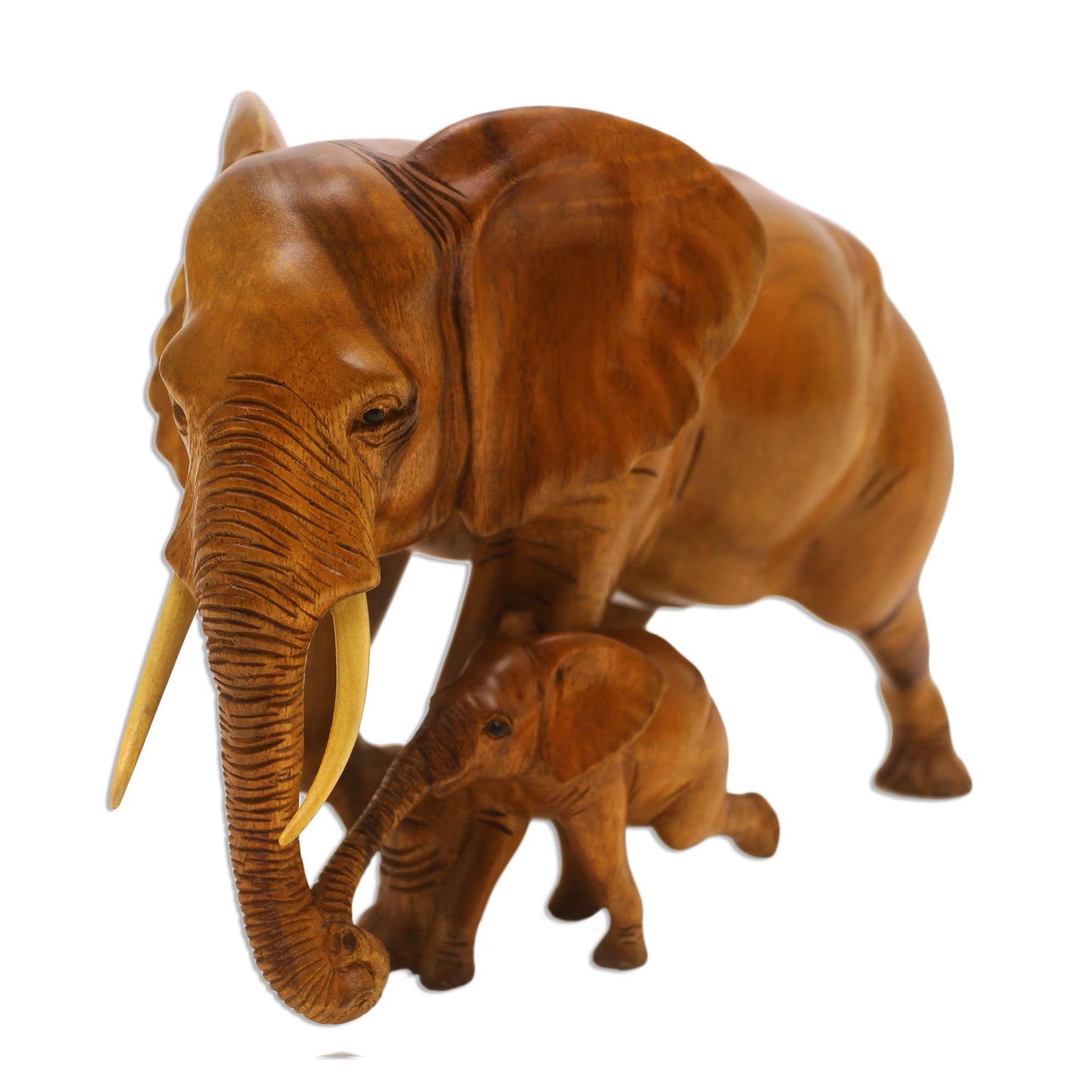 Elephant and Calf Suar Wood Elephant Mother and Baby Sculpture