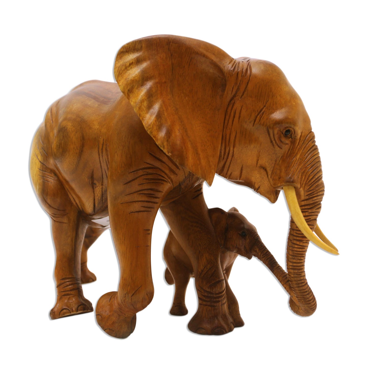 Elephant and Calf Suar Wood Elephant Mother and Baby Sculpture