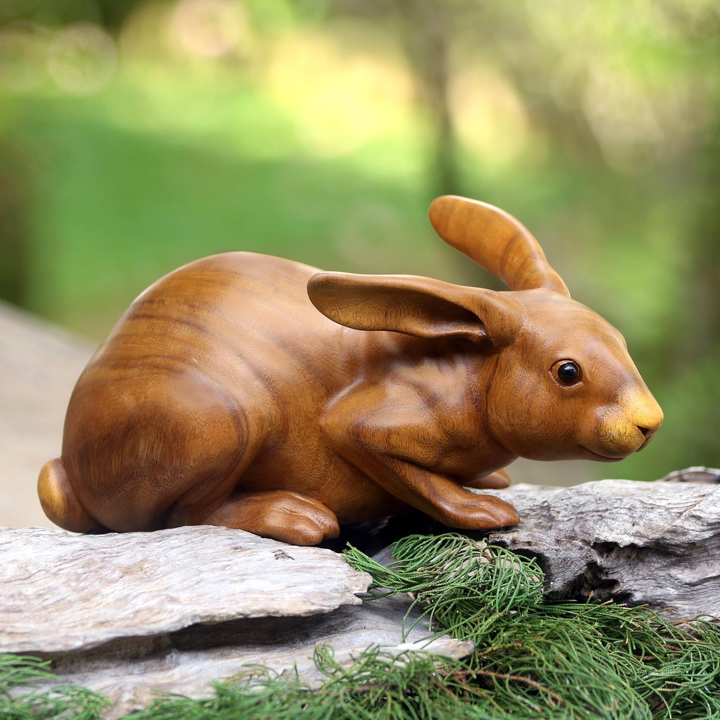 Gentle Friend Suar Wood Rabbit Sculpture with Onyx Eyes